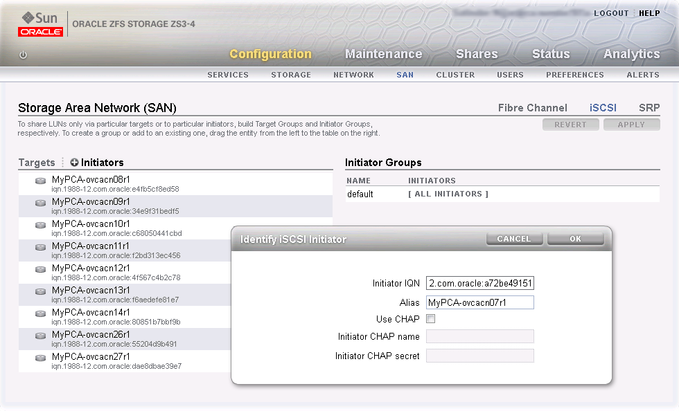 Figure showing ZFS Storage Appliance iSCSI initiator configuration for InfiniBand. The illustration shows an example of an initiator being defined for one of the compute nodes.