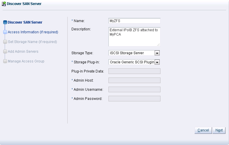 Figure showing the Discover SAN Server wizard in Oracle VM Manager. Note that the Oracle Generic SCSI Plugin is selected.