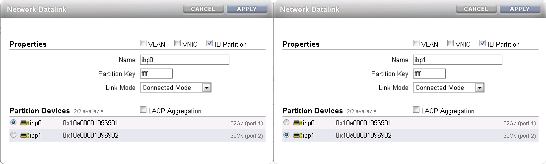 InfiniBandのZFS Storage Applianceデータリンク構成を示す図。 図は、「IBパーティション」オプションがチェックされ、名前フィールドと「パーティション・キー」フィールドに値が入力され、リンク・モードが接続モードに設定されていることを示しています。