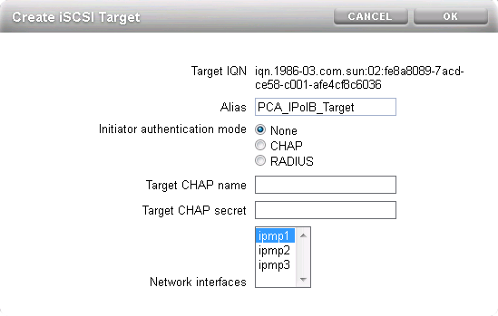InfiniBandのZFS Storage Appliance iSCSIターゲット構成を示す図。 図は、iSCSIターゲットを追加するダイアログを示しています。 別名を入力して、ターゲットを正しく識別し、前に構成したIPMPインタフェースに関連付けます。
