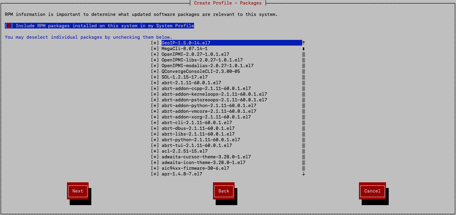 Figure showing the select packages screen to create the package profile for ULN system registration.