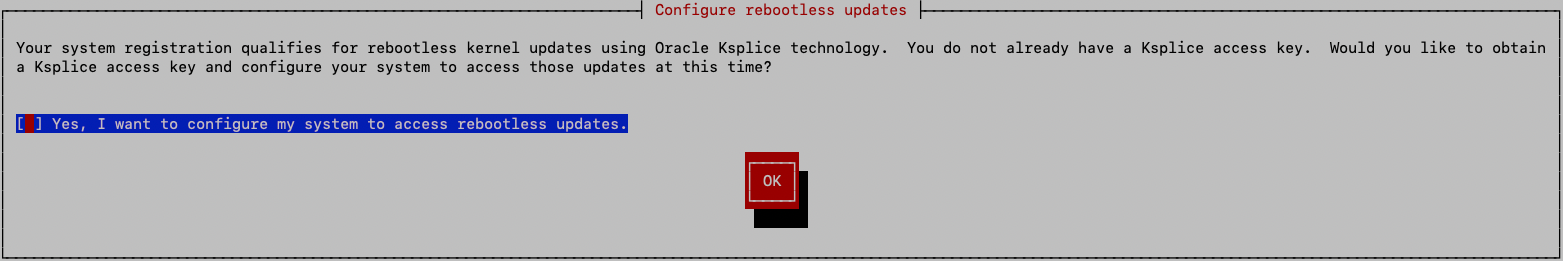 Figure showing the configure rebootless updates screen of ULN system registration.