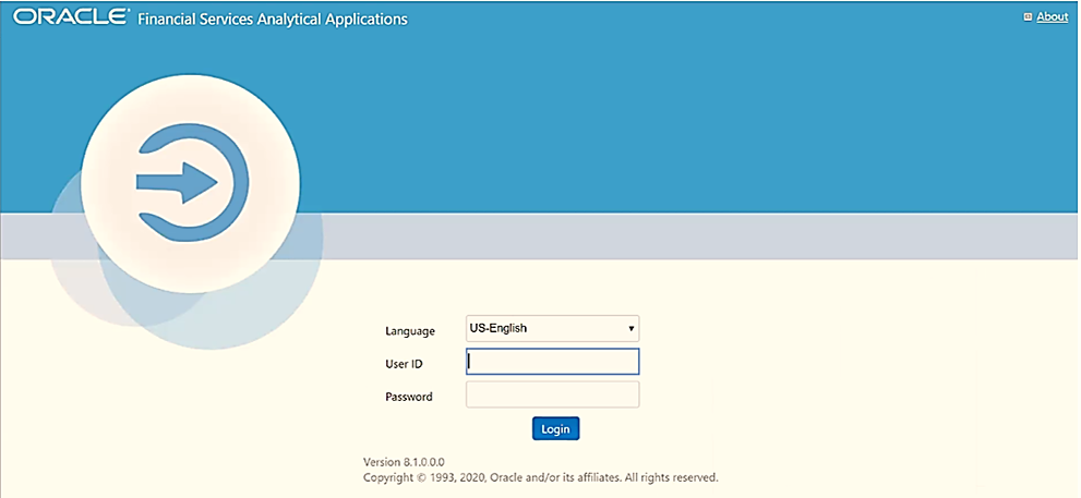 Description of the OFSAA application Login Page follows This illustration shows the login page for the OFSAA applications. You can select the required Language, enter valid User ID and Password, and then click Login.