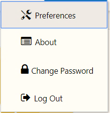 Description of the User Menu follows This illustration shows the User Menu in the OFSAA Landing Page. The menu includes Preferences, About, Change Password, and Log Out options.