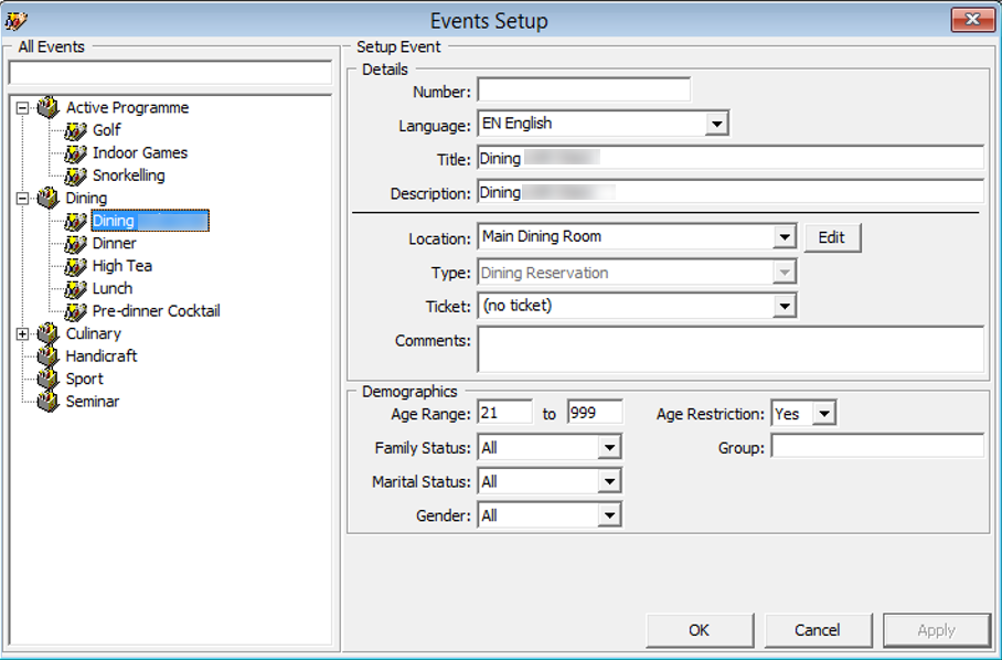 This figure shows the Events Setup screen where majority of the event configuration takes place.