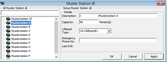 This figure shows the Muster Station Setup window.