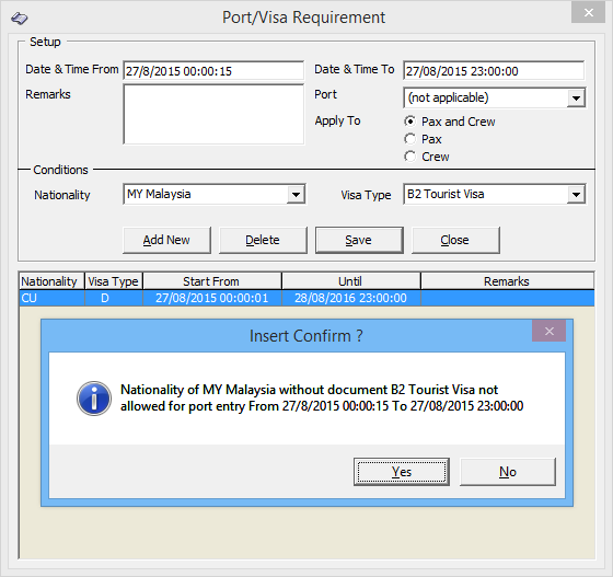 This figure shows the Port/Visa Requirement