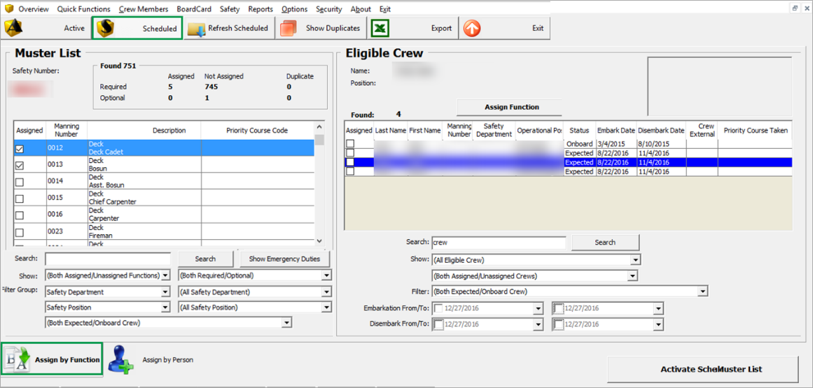 This figure shows the Standard Schedule Muster List — Assign by Function