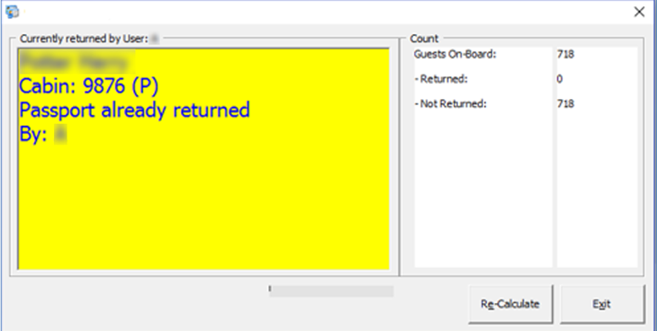 This figure shows the Document Return window, along with the total guest count and number of document returned/not returned.