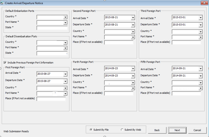 This figure shows the previous port information of Create Arrival/Departure Notice