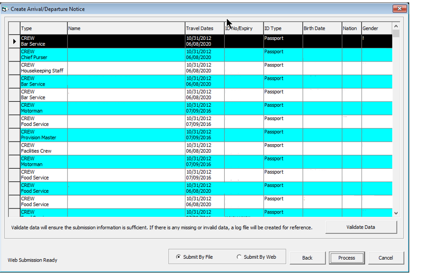 This figure shows the list of data to validate in Create Arrival/Departure Notice.