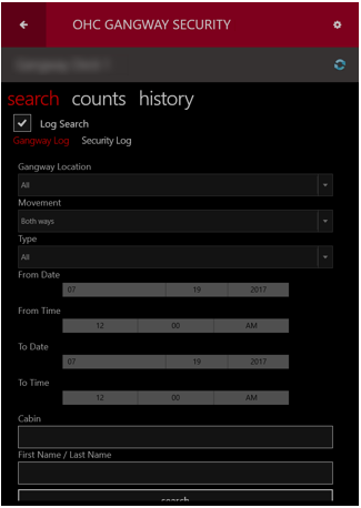 This figure shows the Gangway Log which enable you to filter by date, location and movement type