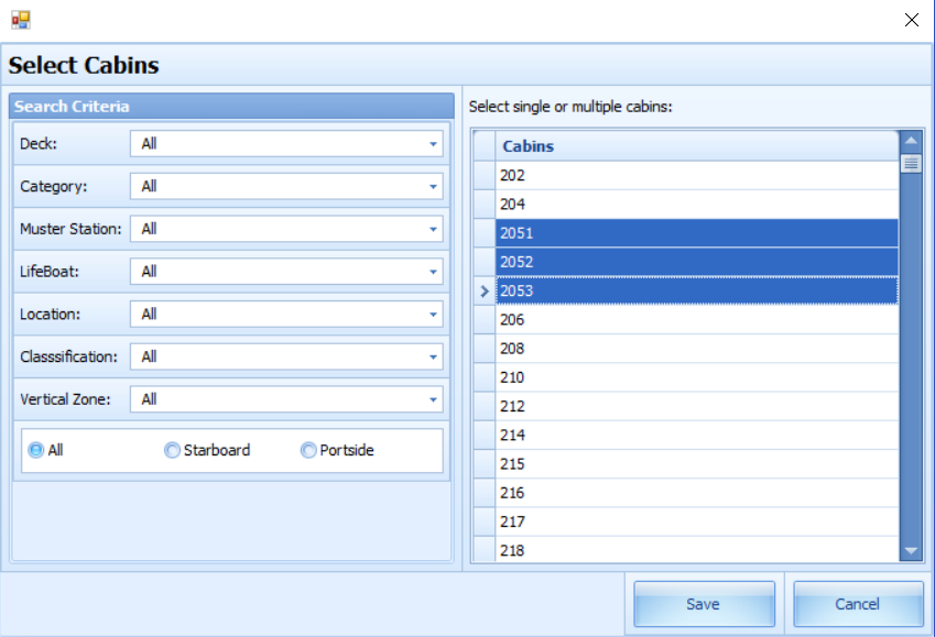 The figure shows the Select Cabins form.