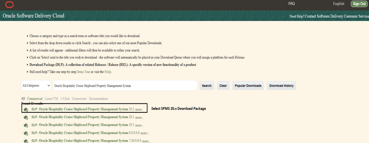 This figure shows the Sample Oracle Software Delivery Cloud Download Page