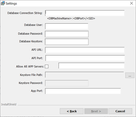 This figure shows the SPMS Platform Property Management Installation - Database Settings