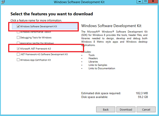 This figure shows the required options in Windows Software Development Kit.
