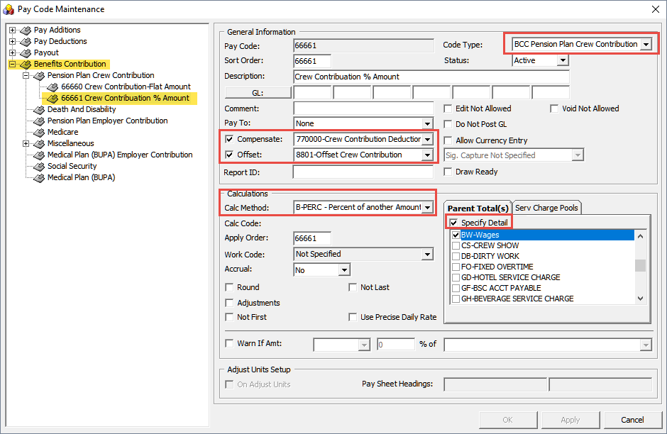 The figure shows the Pay Code Maintenance window where you can use the process Pay Contribution by Percentage.