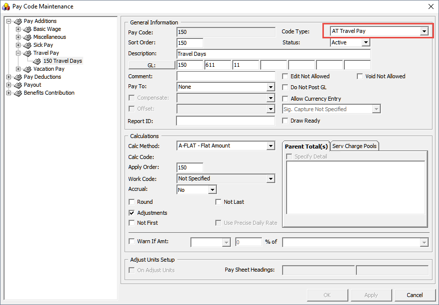 The figure shows the Pay code Maintenance screen, where the Code Type can be assigned.