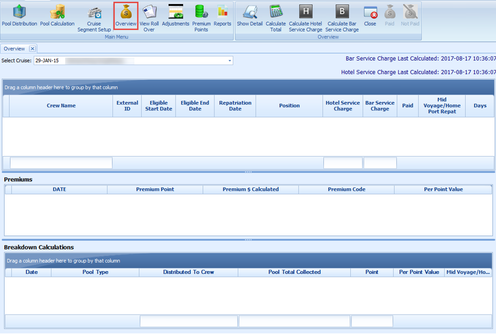 This figure shows the Service Charge Overview screen.