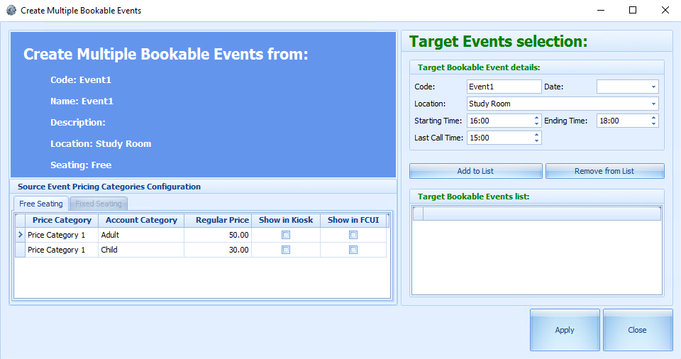 This figure shows the Multiple Bookable Events Setup form