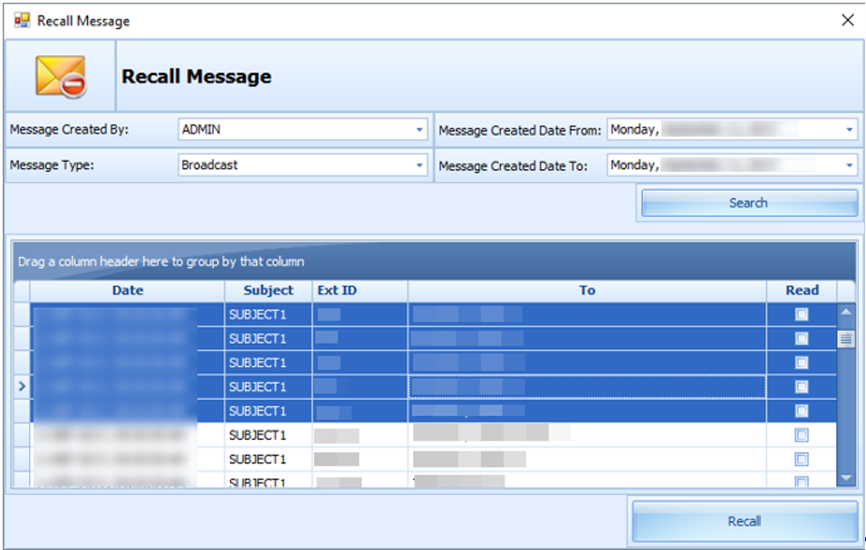 This figure shows the recall broadcast message form.