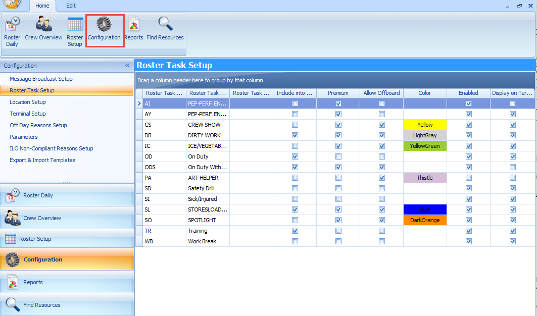 This figure shows the T&A Configuration menu where most of the required codes are set up.