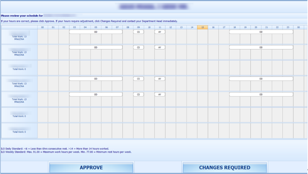 This figure shows the My Weekly Hours window where crew is required to approve.