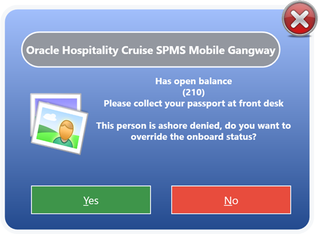 This figure shows the Open Balance notification when disembarking passenger has an outstanding balance.