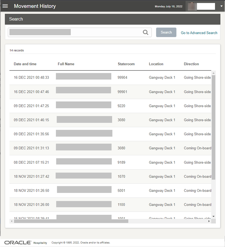 This figure shows the Movement History Page