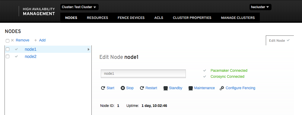 この図は「Nodes」ページの一部を示しており、ここでは、選択したクラスタのノードがリストされ、各ノードに関する情報が表示されます。ページのメニュー・バーには、リソース、フェンス・デバイス、ACLおよびクラスタ・プロパティを構成するためのメニュー項目も含まれています。最後のメニュー項目は「Manage Clusters」で、これを使用してユーザーは「Manage Cluster」ページに戻ります。管理者は、ノード・ページ自体で、ノードの起動、停止または再起動、スタンバイまたはメンテナンス・モードへのノードの移行、およびフェンシング機能用のノードの構成を実行できます。 この図は「Nodes」ページの一部を示しており、ここでは、選択したクラスタのノードがリストされ、各ノードに関する情報が表示されます。ページのメニュー・バーには、リソース、フェンス・デバイス、ACLおよびクラスタ・プロパティを構成するためのメニュー項目も含まれています。最後のメニュー項目は「Manage Clusters」で、これを使用してユーザーは「Manage Cluster」ページに戻ります。管理者は、ノード・ページ自体で、ノードの起動、停止または再起動、スタンバイまたはメンテナンス・モードへのノードの移行、およびフェンシング機能用のノードの構成を実行できます。