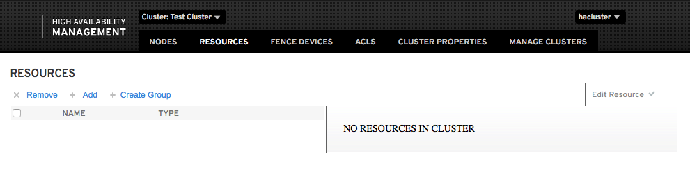 この図は「Resources」ページの一部を示しており、ここには、クラスタ操作のためのリソースおよびサービスを追加または削除するオプションが含まれています。さらに、様々なリソースの追加先にできるグループを作成するためのオプションが利用可能です。 この図は「Resources」ページの一部を示しており、ここには、クラスタ操作のためのリソースおよびサービスを追加または削除するオプションが含まれています。さらに、様々なリソースの追加先にできるグループを作成するためのオプションが利用可能です。