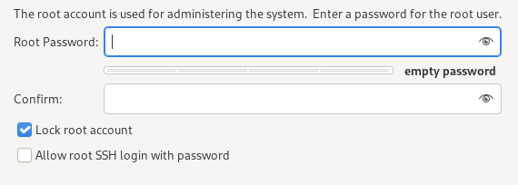 この図は、rootアカウントを有効または無効にするために使用できるオプションを示しています。rootアカウントのロックが解除されると、rootパスワードの設定や、rootアカウントへのSSHを介したアクセスの有効化または無効化のためのオプションが表示されます。