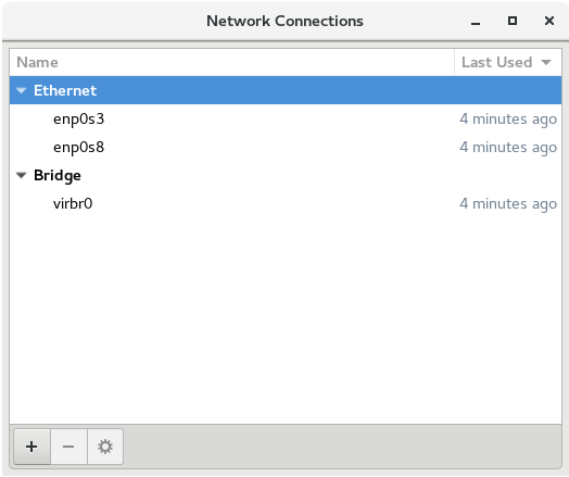 この図は、ネットワーク接続エディタと、システム上にあるネットワーク・デバイスのリストを示しています。