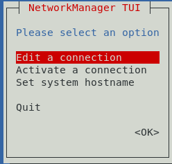 この図では、接続の編集、接続のアクティブ化、またはシステム・ホスト名の設定を選択できる、NetworkManagerのTUI一般メニューを示しています。