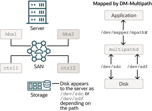 図では、サーバーとSAN接続ストレージ・アレイのディスク間に、2つのI/Oパスが構成されている単純なDM-Multipath構成を示しています。DM-Multipathは、基礎となるデバイス/dev/sdcおよび/dev/sdfが組み込まれた単一のマルチパス・デバイス/dev/mapper/mpathNを作成します。