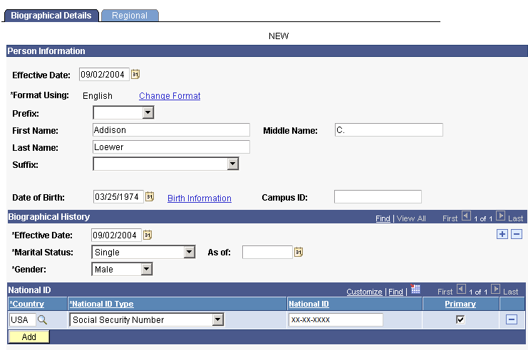 ""Example of the top of the Biographical Details page where the system displays the ID of "NEW" when you add a person