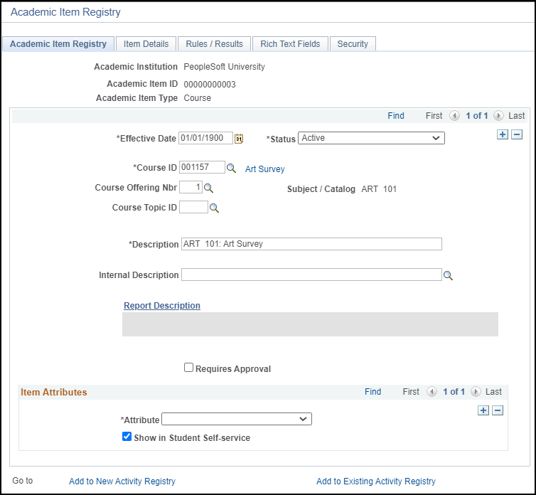 Academic Item Registry (COURSE) page