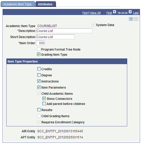 Academic Item Type COURSELIST example