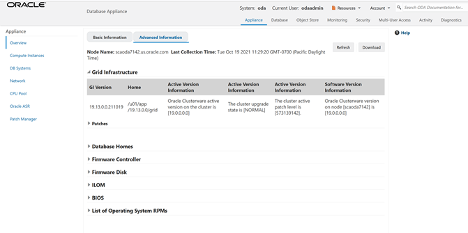 Oracle Database Appliance「詳細情報」タブ