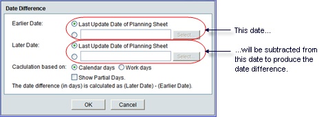 The first selected date will be subtracted from the second selected date to produce the date difference.