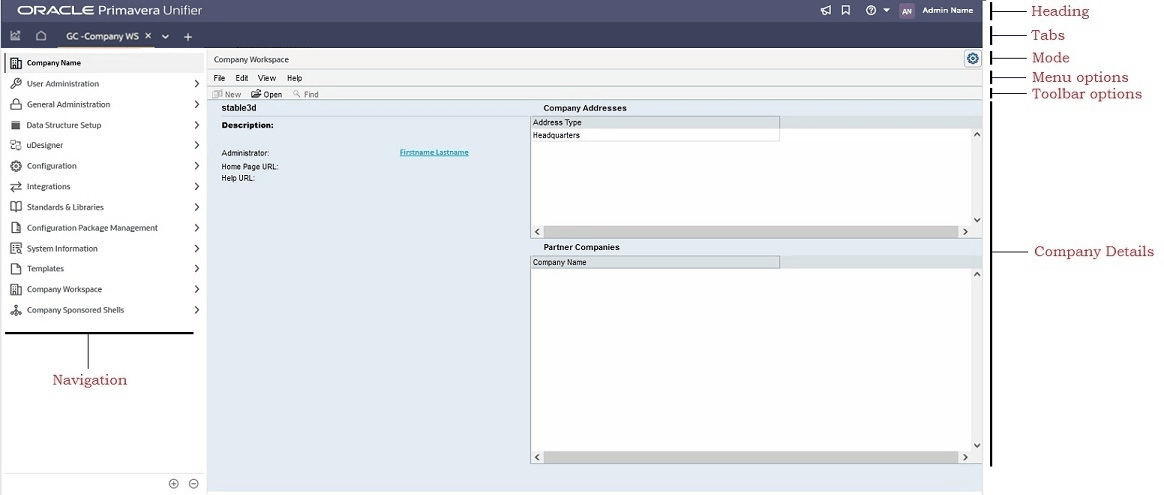 This image displays the company workspace landing page when you are in admin mode.