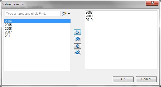 年2008、2009および2010が選択されていることを示す「値セレクタ」ダイアログ・ボックス