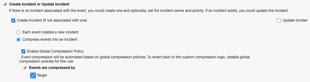 次のように設定圧縮を追加します。これにより、1時間でターゲットからのすべての収集エラー・イベントが圧縮されます。イベントは、(遅延設定に基づいて)30分以上開いている場合にのみ圧縮されます。