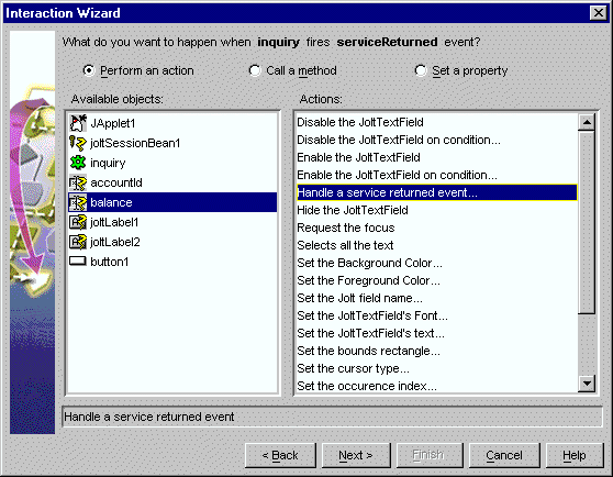 「オブジェクトとして「balance」を選択し、アクションとして「Handle a service returned event」を選択する」の図