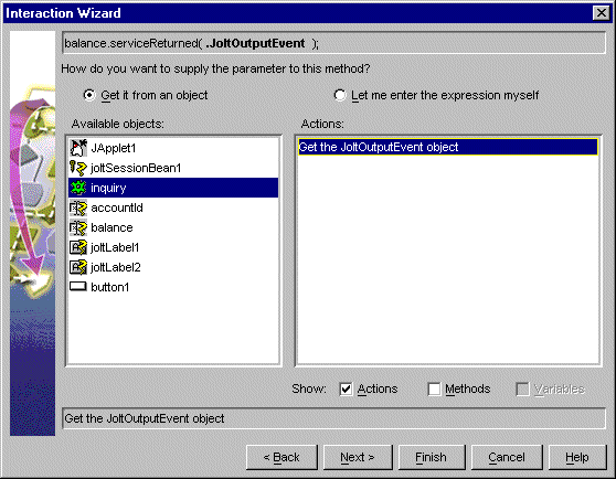 「オブジェクトとして「inquiry」、アクションとして「Get the JoltOutputEvent object」を選択する」の図