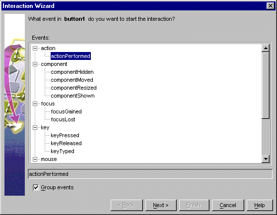 「イベントとして「actionPerformed」を選択する」の図 「イベントとして「actionPerformed」を選択する」の図