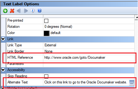 This figure shows the option of using Alternative Text for Hyperlinks in Documaker Studio.