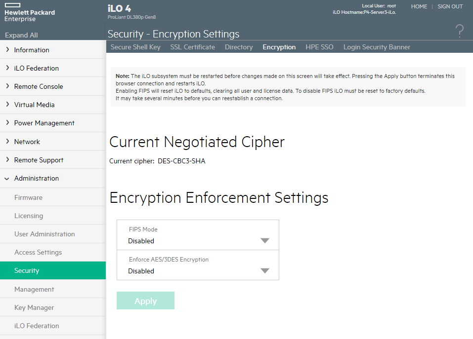 iLO Security Encryption Settings