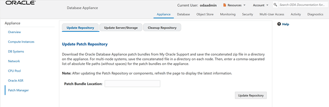 BUIの「パッチ・リポジトリの更新」ページ