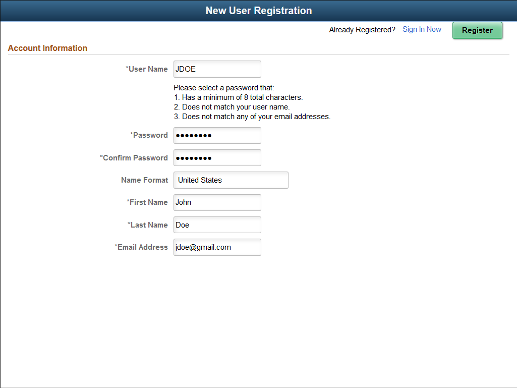 New User Registration page